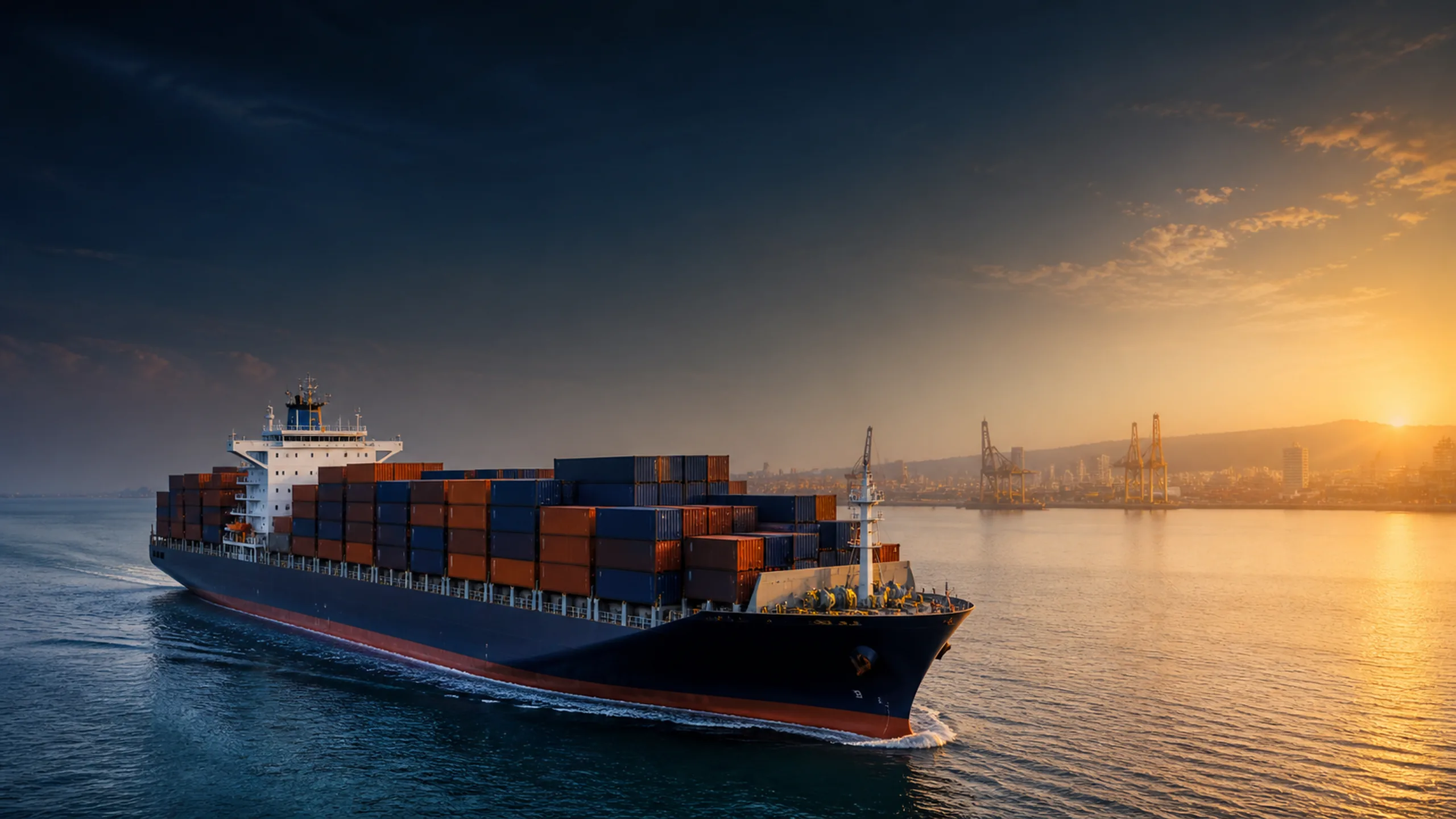 Un porte-conteneurs en mer, à l’approche d’un port au coucher du soleil