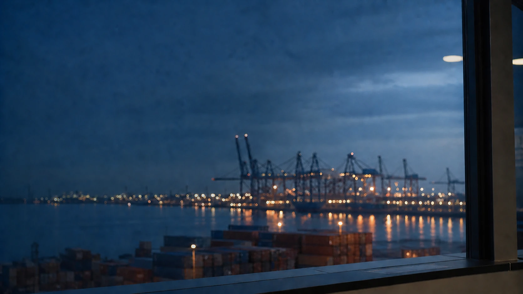 Vue sur les installations d’un port depuis un bureau